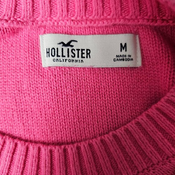 Hollister Knit Long Sleeve Woven Crew Neck Cotton Cropped Pink Sweater - Picture 2 of 9